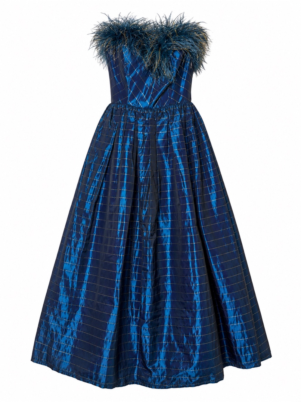Vintage 80s Victor Costa Blue Feather Trim Taffeta Prom Gown Old‎ Money Glam S